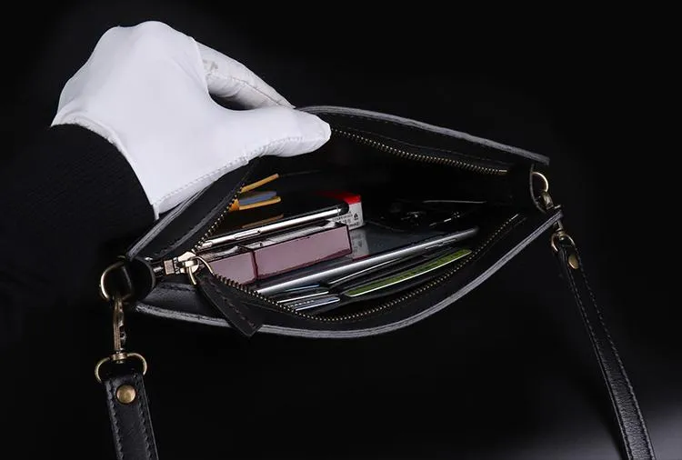 Handmade Black Tooled Lion Dragon Leather Messenger Bags Side Bag Clutch Wristlet Bag For Men