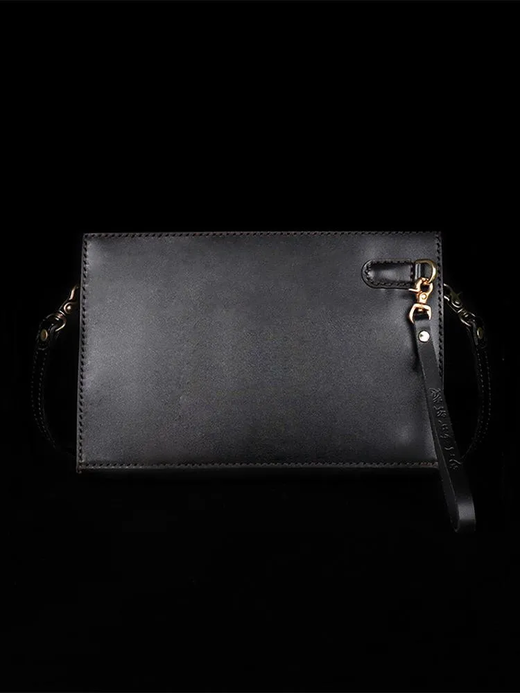 Handmade Black Tooled Lion Dragon Leather Messenger Bags Side Bag Clutch Wristlet Bag For Men