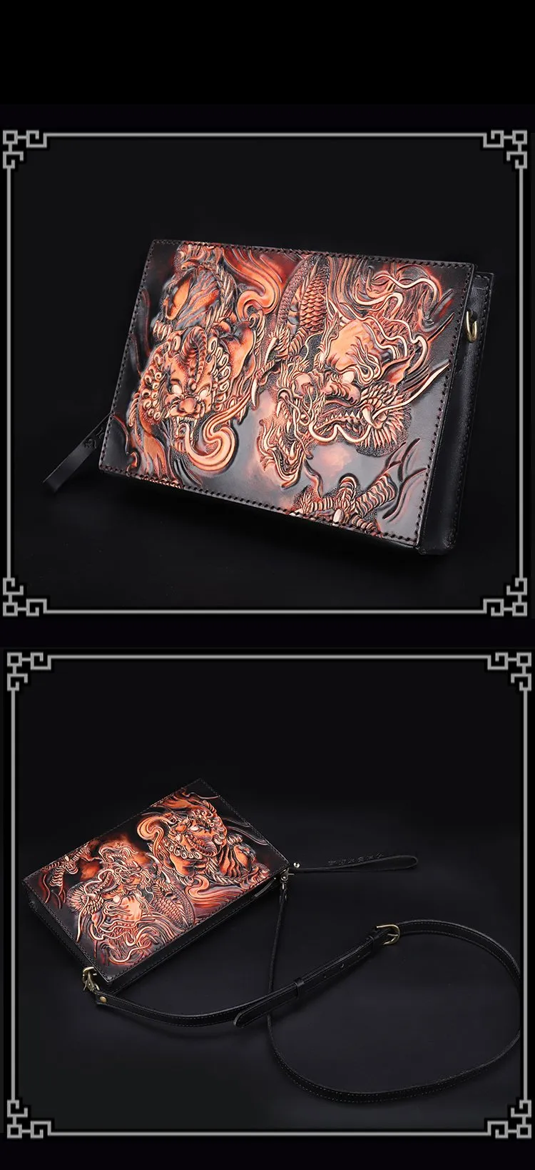 Handmade Black Tooled Lion Dragon Leather Messenger Bags Side Bag Clutch Wristlet Bag For Men