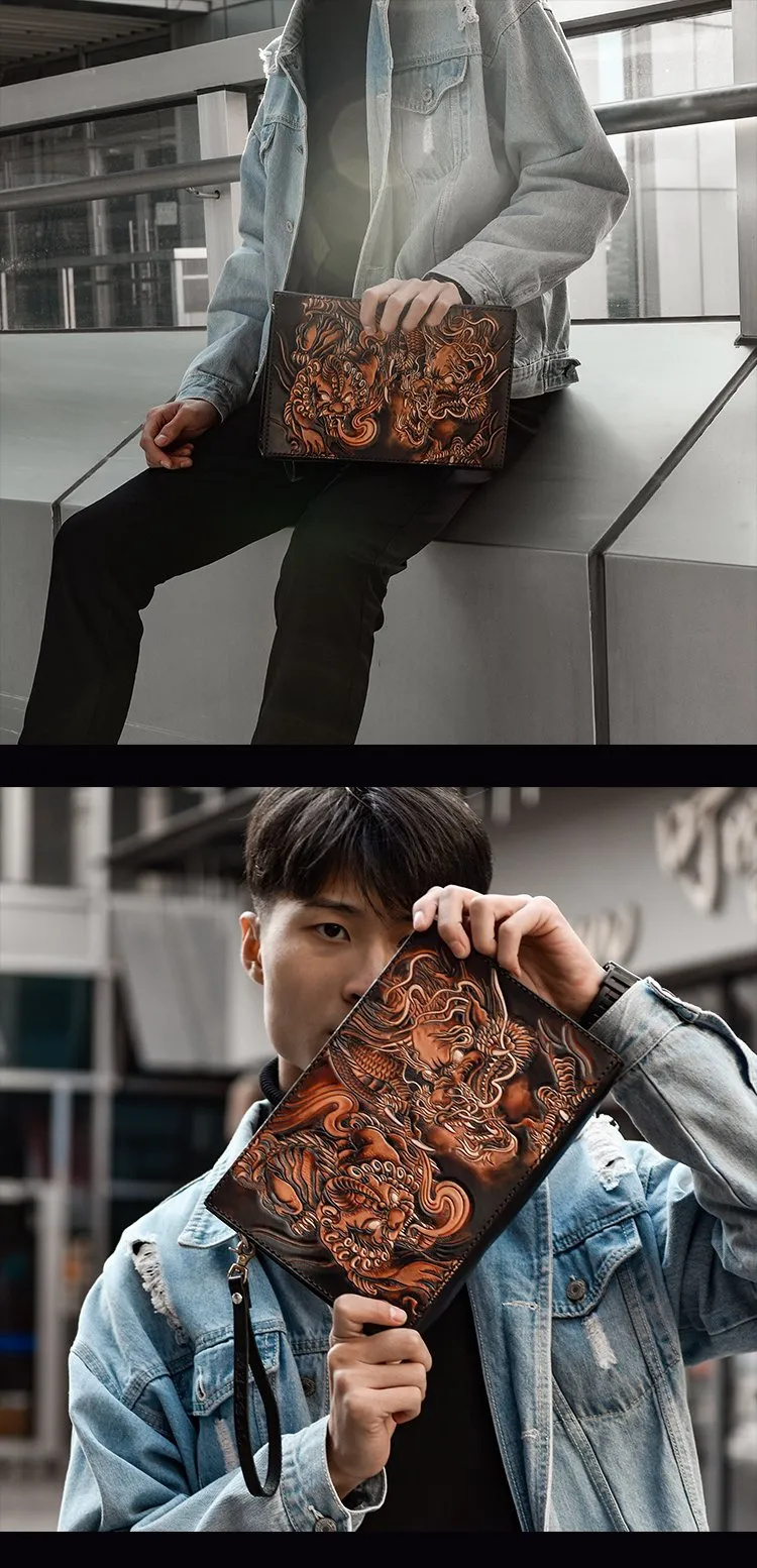 Handmade Black Tooled Lion Dragon Leather Messenger Bags Side Bag Clutch Wristlet Bag For Men