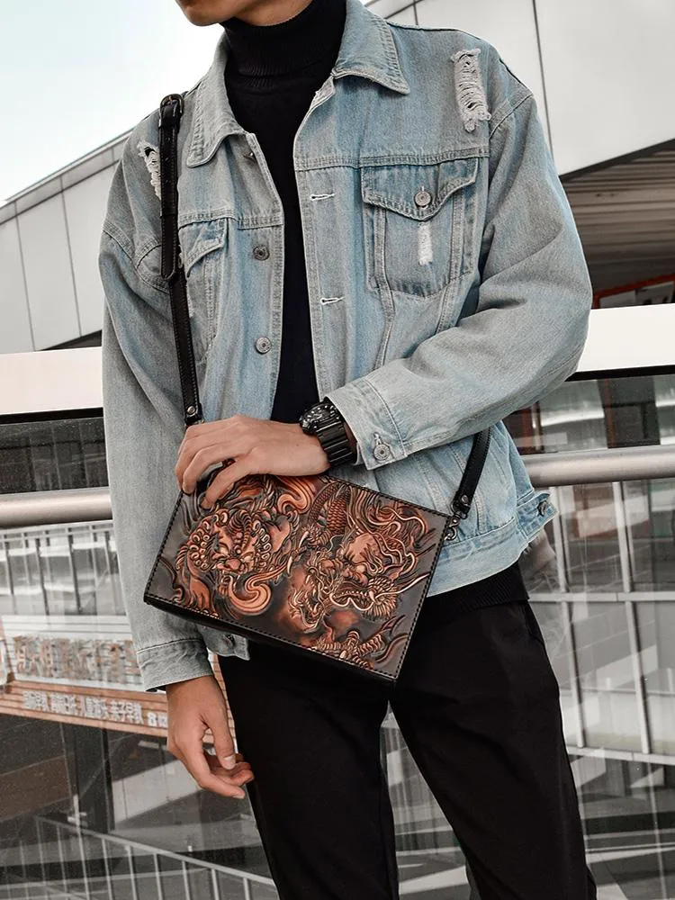 Handmade Black Tooled Lion Dragon Leather Messenger Bags Side Bag Clutch Wristlet Bag For Men