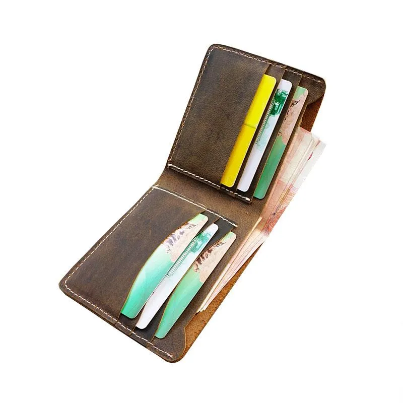 Handmade Brown Leather Mens Billfold Wallet Slim Brown Bifold Small Wallet for Men
