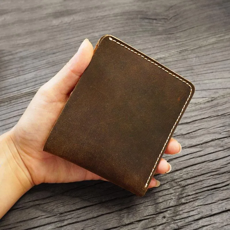 Handmade Brown Leather Mens Billfold Wallet Slim Brown Bifold Small Wallet for Men