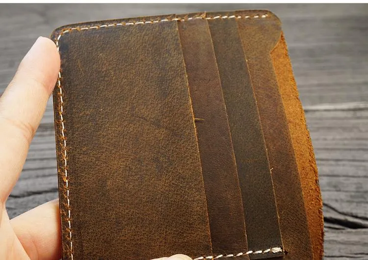 Handmade Brown Leather Mens Billfold Wallet Slim Brown Bifold Small Wallet for Men