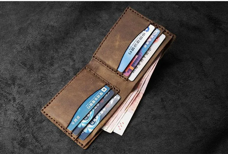 Handmade Brown Leather Mens Billfold Wallets Slim Brown Bifold Small Wallets for Men