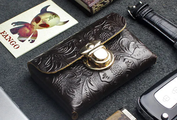 Handmade card leather change coin wallet flowral leather billfold wallet for men women