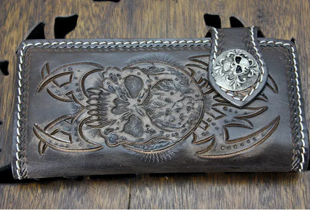 Handmade coffee leather punk Halley skull carved biker wallet Long wallet clutch for men