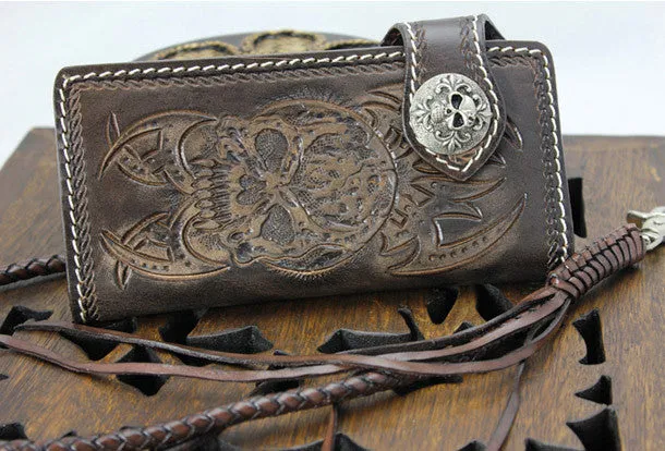 Handmade coffee leather punk Halley skull carved biker wallet Long wallet clutch for men