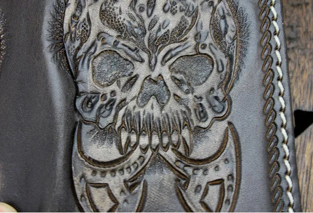 Handmade coffee leather punk Halley skull carved biker wallet Long wallet clutch for men