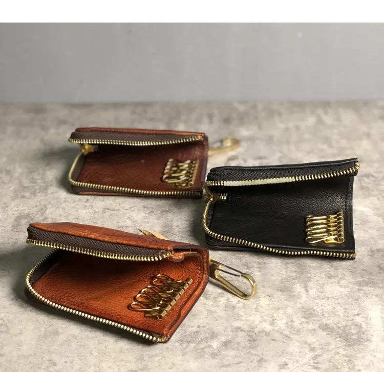 Handmade Cool Leather Mens Black Key Wallet Car Key Holder Brown Card Holder for Men