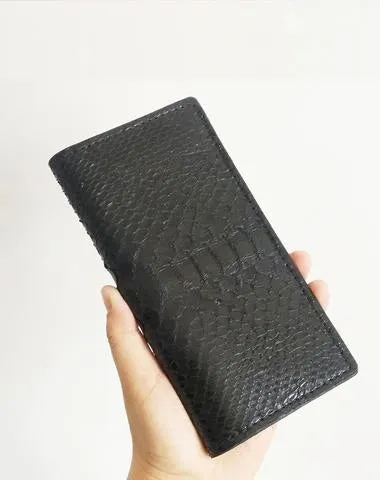 Handmade Cool Mens Black Snake Skin Long Wallet Yellow Slim Bifold Long Wallets For Men