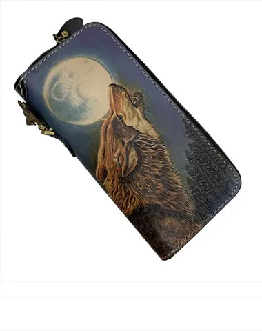 Handmade Cool Tooled Wolf Leather Men's Biker Chain Wallet Zipper Long Chain Wallet For Men