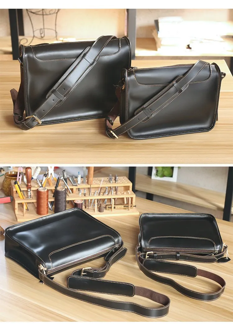 Handmade Dark Coffee Leather Mens 10 inches Courier Bag Brown Messenger Bags Dark Brown Postman Bags For Men