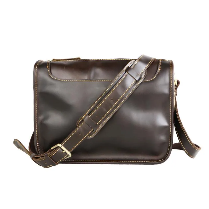 Handmade Dark Coffee Leather Mens 10 inches Courier Bag Brown Messenger Bags Dark Brown Postman Bags For Men