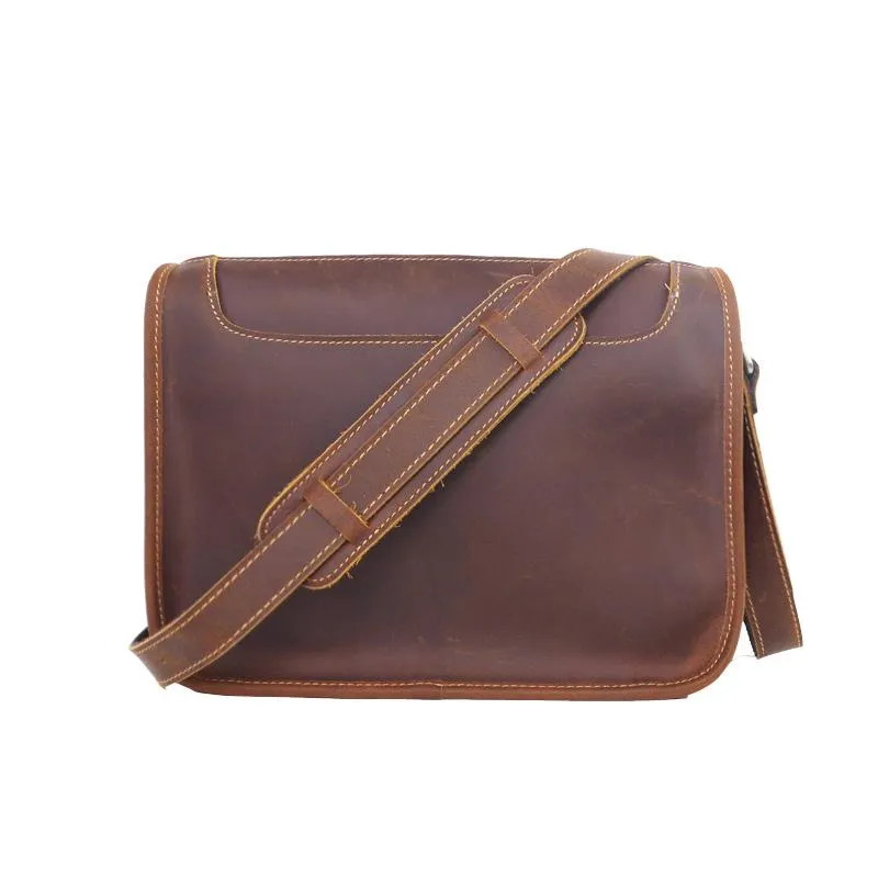 Handmade Dark Coffee Leather Mens 10 inches Courier Bag Brown Messenger Bags Dark Brown Postman Bags For Men