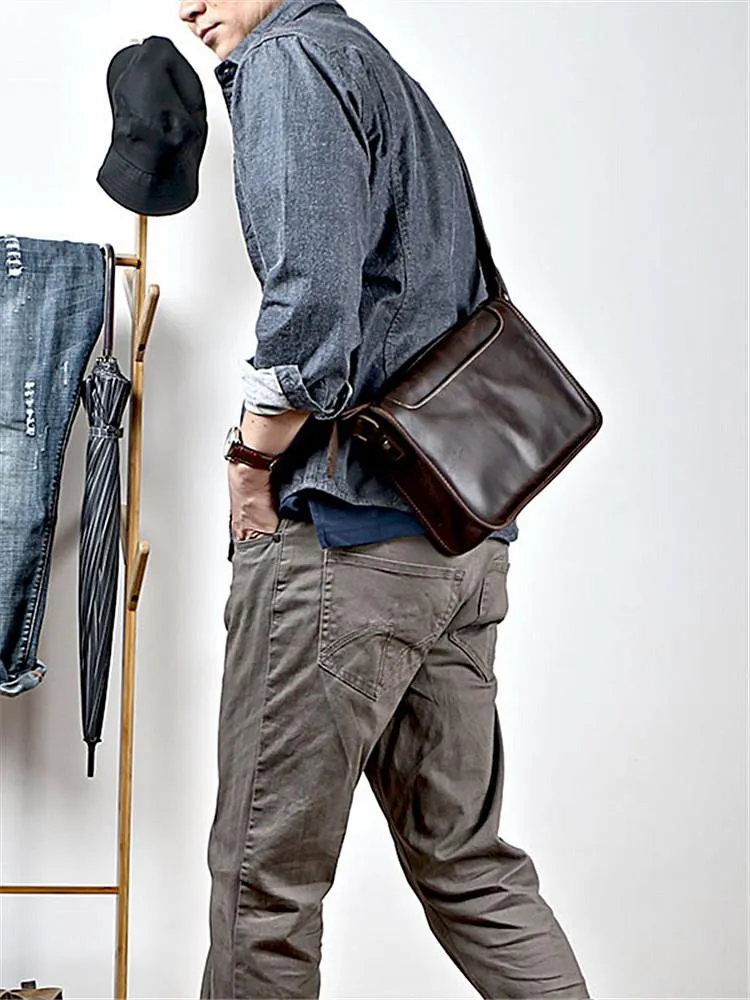 Handmade Dark Coffee Leather Mens 10 inches Courier Bag Brown Messenger Bags Dark Brown Postman Bags For Men