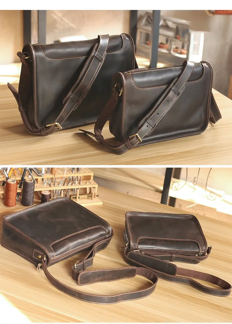Handmade Dark Coffee Leather Mens 10 inches Courier Bag Brown Messenger Bags Dark Brown Postman Bags For Men