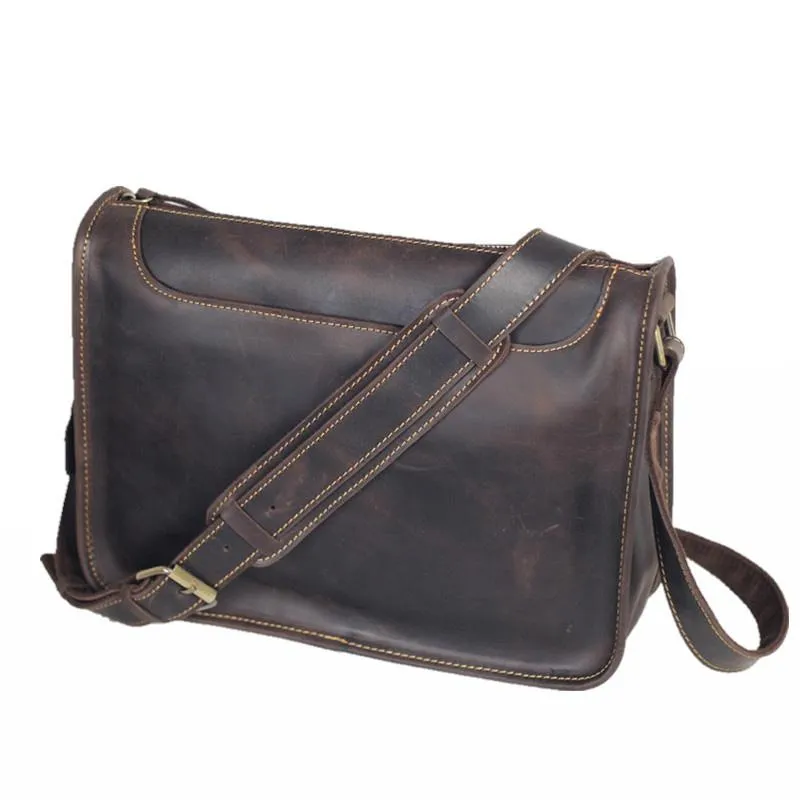 Handmade Dark Coffee Leather Mens 10 inches Courier Bag Brown Messenger Bags Dark Brown Postman Bags For Men