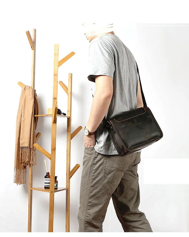 Handmade Dark Coffee Leather Mens 10 inches Courier Bag Brown Messenger Bags Dark Brown Postman Bags For Men