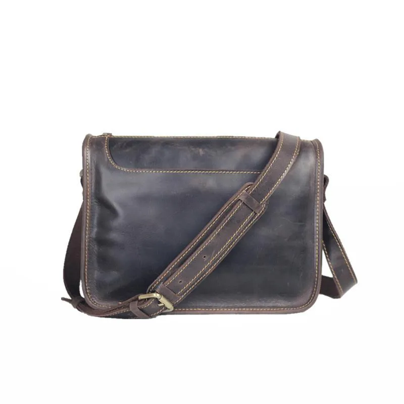 Handmade Dark Coffee Leather Mens 10 inches Courier Bag Brown Messenger Bags Dark Brown Postman Bags For Men