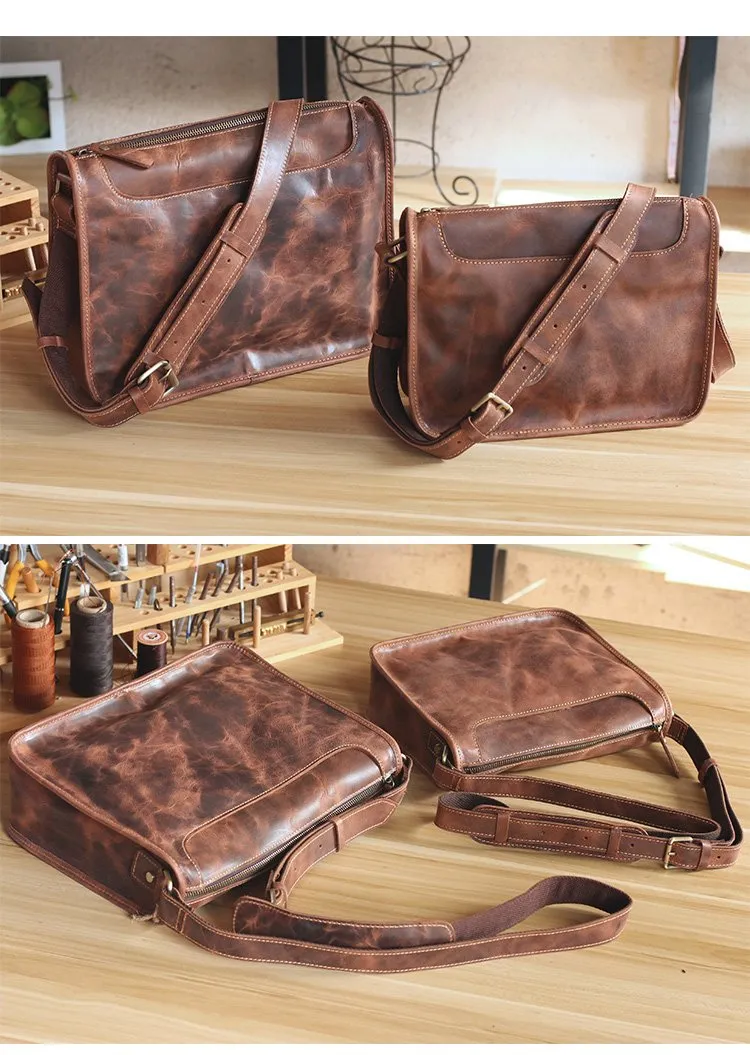 Handmade Dark Coffee Leather Mens 10 inches Courier Bag Brown Messenger Bags Dark Brown Postman Bags For Men