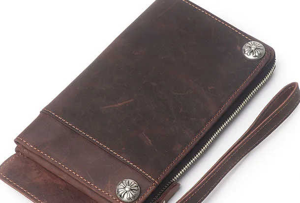 Handmade Genuine Leather Wallet Long Wallet Bifold Biker Wallet Bag For Mens