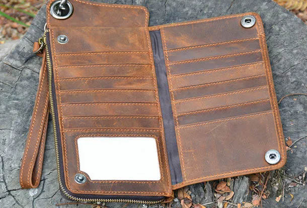 Handmade Genuine Leather Wallet Long Wallet Bifold Biker Wallet Bag For Mens
