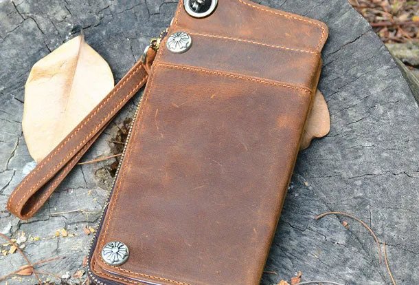 Handmade Genuine Leather Wallet Long Wallet Bifold Biker Wallet Bag For Mens