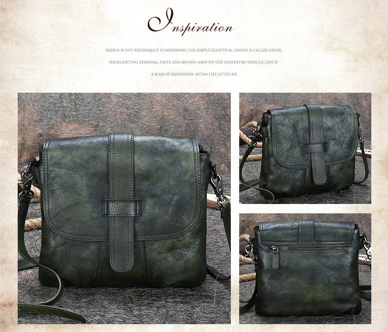 Handmade Green Leather Womens Square Shoulder Bag School Crossbody Purse for Women