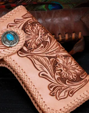 Handmade leather biker trucker beige floral wallet leather chain men Black Tooled wallet