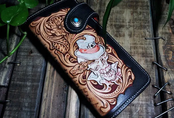 Handmade leather Biker trucker chain long floral skull wallet leather men Black Carved Tooled wallet