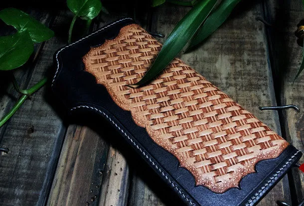 Handmade leather Biker trucker chain long floral skull wallet leather men Black Carved Tooled wallet