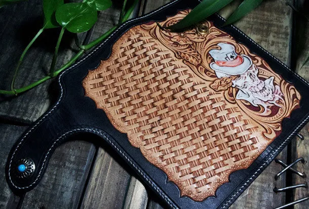 Handmade leather Biker trucker chain long floral skull wallet leather men Black Carved Tooled wallet
