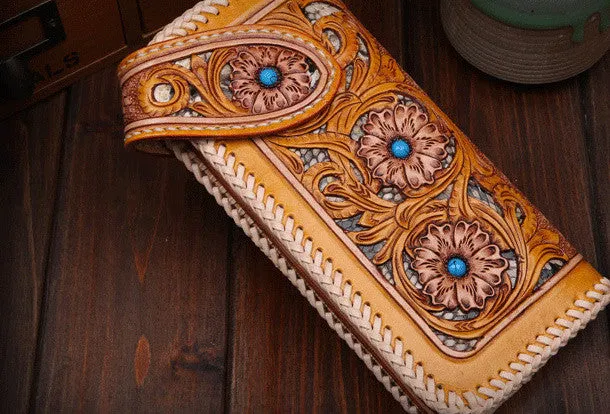 Handmade leather biker trucker floral flowers wallet leather chain men Black Carved Tooled wallet