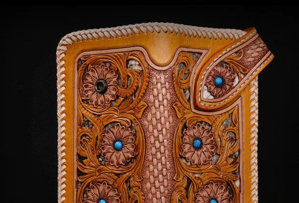 Handmade leather biker trucker floral flowers wallet leather chain men Black Carved Tooled wallet