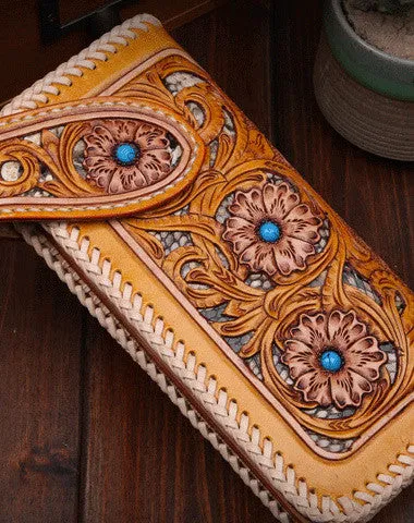 Handmade leather biker trucker floral flowers wallet leather chain men Black Carved Tooled wallet
