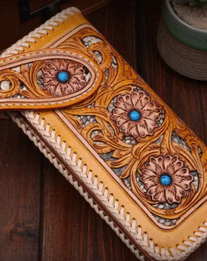Handmade leather biker trucker floral flowers wallet leather chain men Black Carved Tooled wallet