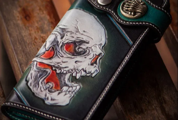 Handmade leather biker trucker wallet green skull leather chain men wallet