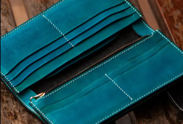 Handmade leather biker trucker wallet green skull leather chain men wallet