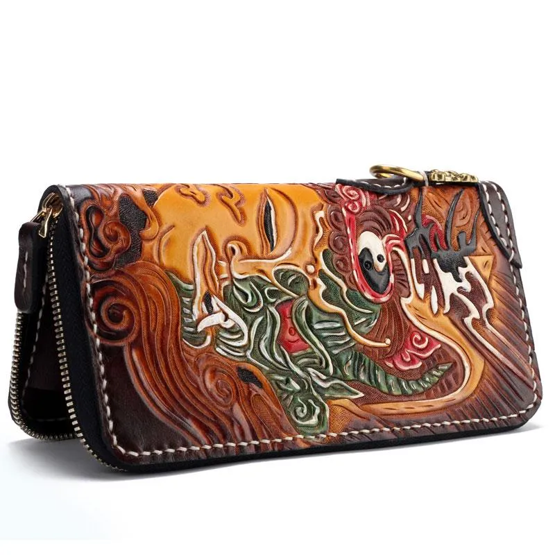 Handmade Leather Buddha&Demon Mens Tooled Chain Biker Wallet Cool Leather Long Wallet With Chain Wallets for Men