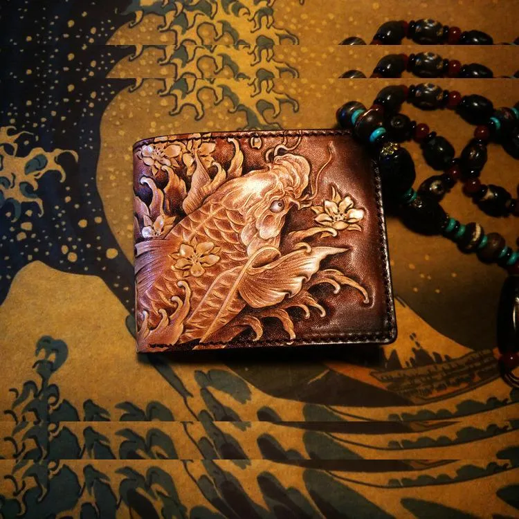 Handmade Leather Carp Fish Tooled Mens billfold Wallet Cool Leather Wallet Slim Wallet for Men