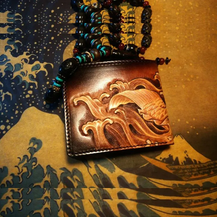 Handmade Leather Carp Fish Tooled Mens billfold Wallet Cool Leather Wallet Slim Wallet for Men
