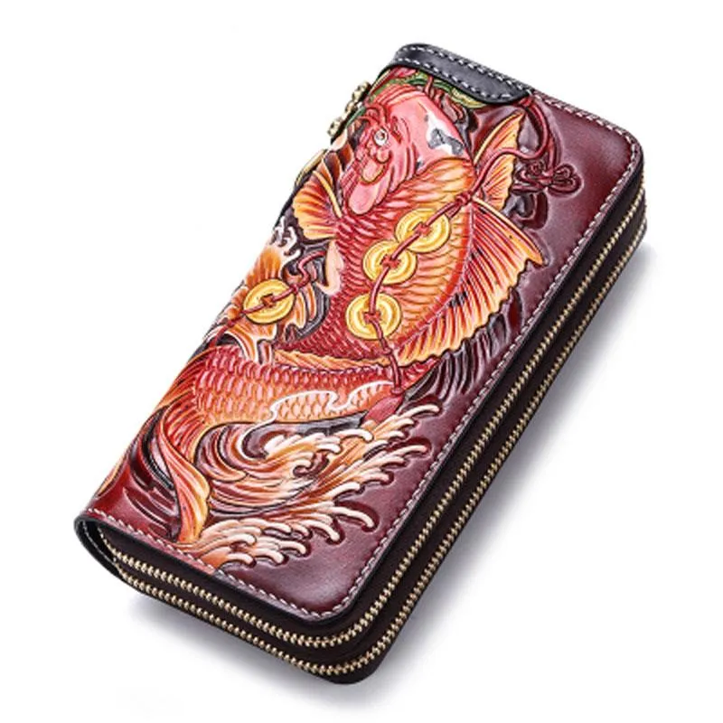 Handmade Leather Carp Mens Zipper Biker Wallet Cool Leather Chain Wallets Long Tooled Wallets for Men