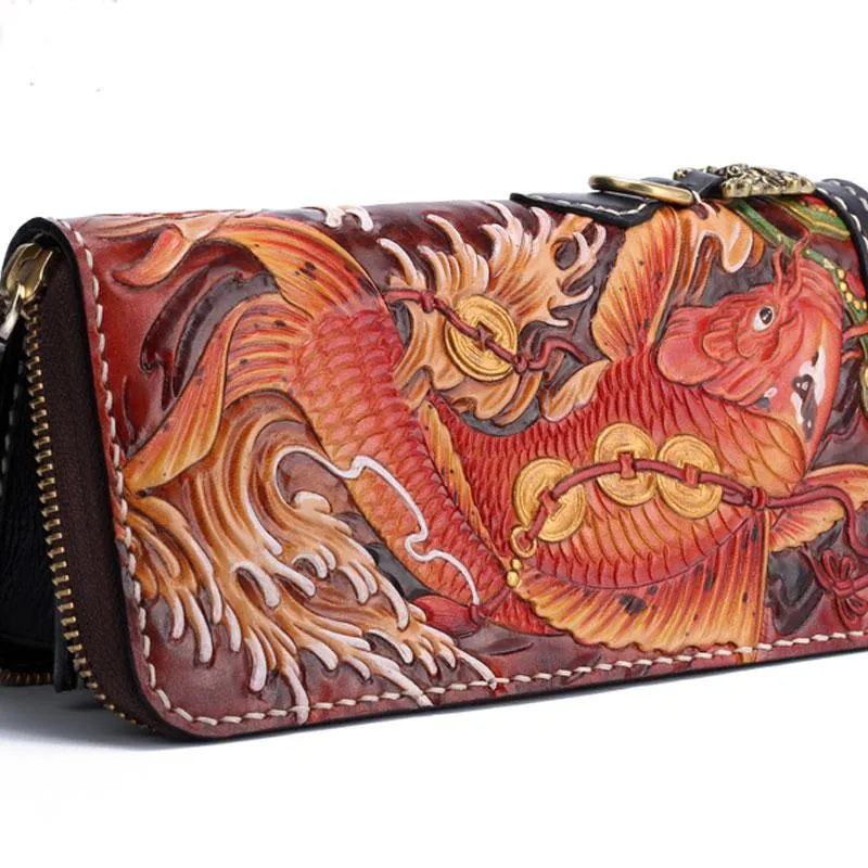 Handmade Leather Carp Mens Zipper Biker Wallet Cool Leather Chain Wallets Long Tooled Wallets for Men