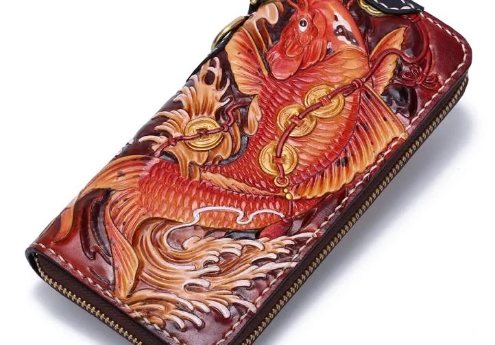 Handmade Leather Carp Mens Zipper Biker Wallet Cool Leather Chain Wallets Long Tooled Wallets for Men
