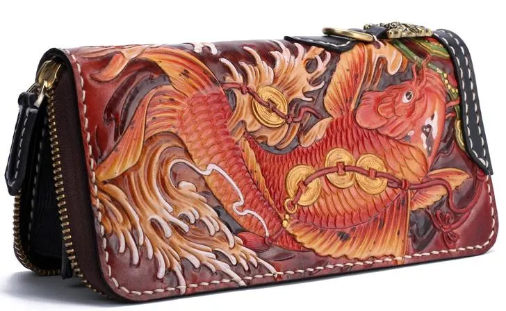 Handmade Leather Carp Mens Zipper Biker Wallet Cool Leather Chain Wallets Long Tooled Wallets for Men