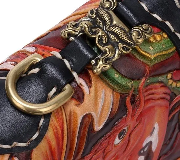 Handmade Leather Carp Mens Zipper Biker Wallet Cool Leather Chain Wallets Long Tooled Wallets for Men