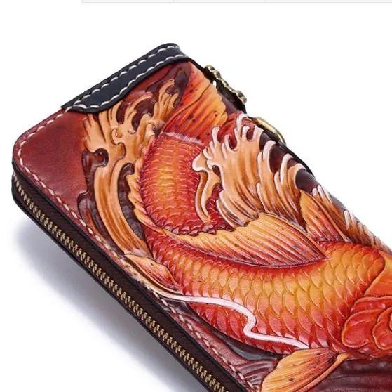 Handmade Leather Carp Mens Zipper Biker Wallet Cool Leather Chain Wallets Long Tooled Wallets for Men