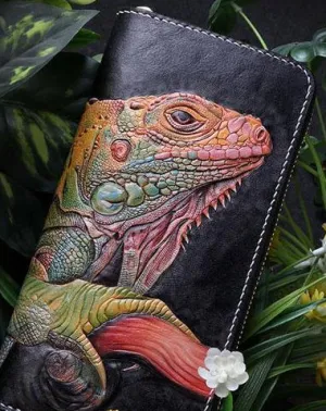 Handmade Leather Chameleon Mens Chain Zipper Biker Wallet Cool Leather Wallet Long Phone Wallets for Men