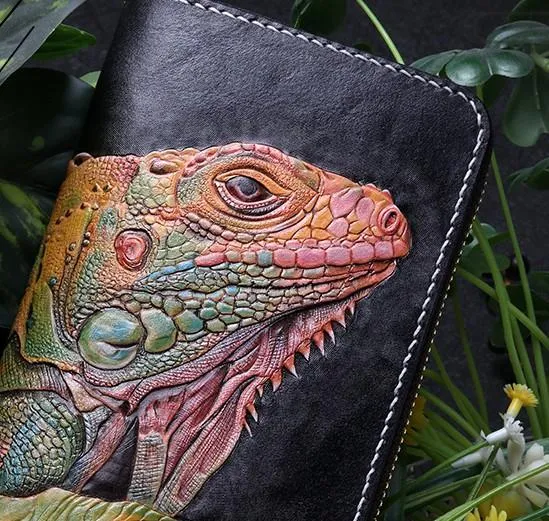 Handmade Leather Chameleon Mens Chain Zipper Biker Wallet Cool Leather Wallet Long Phone Wallets for Men